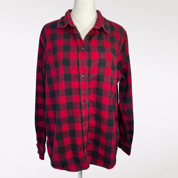 LL Bean Relaxed Fit Flannel Shirt Red Black Buffalo Plaid 100% Cotton Size Large - Picture 1 of 9